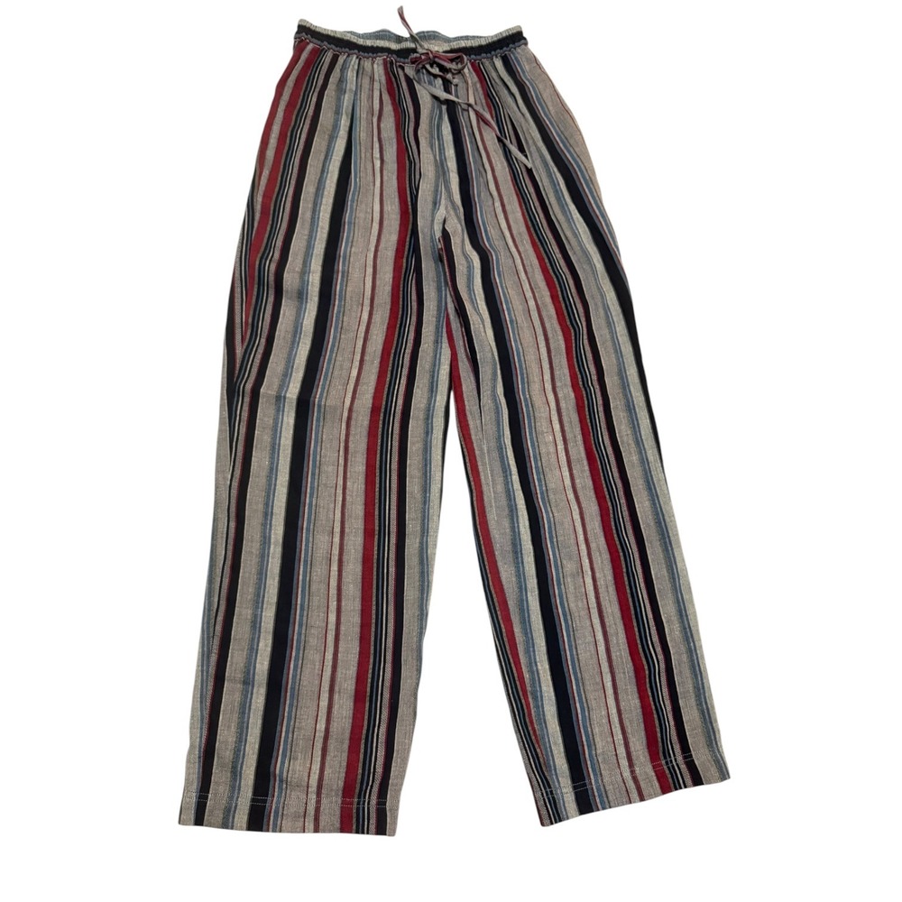 Classiques Entier Womens Medium Striped Linen Pants Red Blue Drawstring Straight